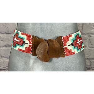 Unique Seed Bead Belt with Wooden Buckle and Aztec-Inspired Pattern